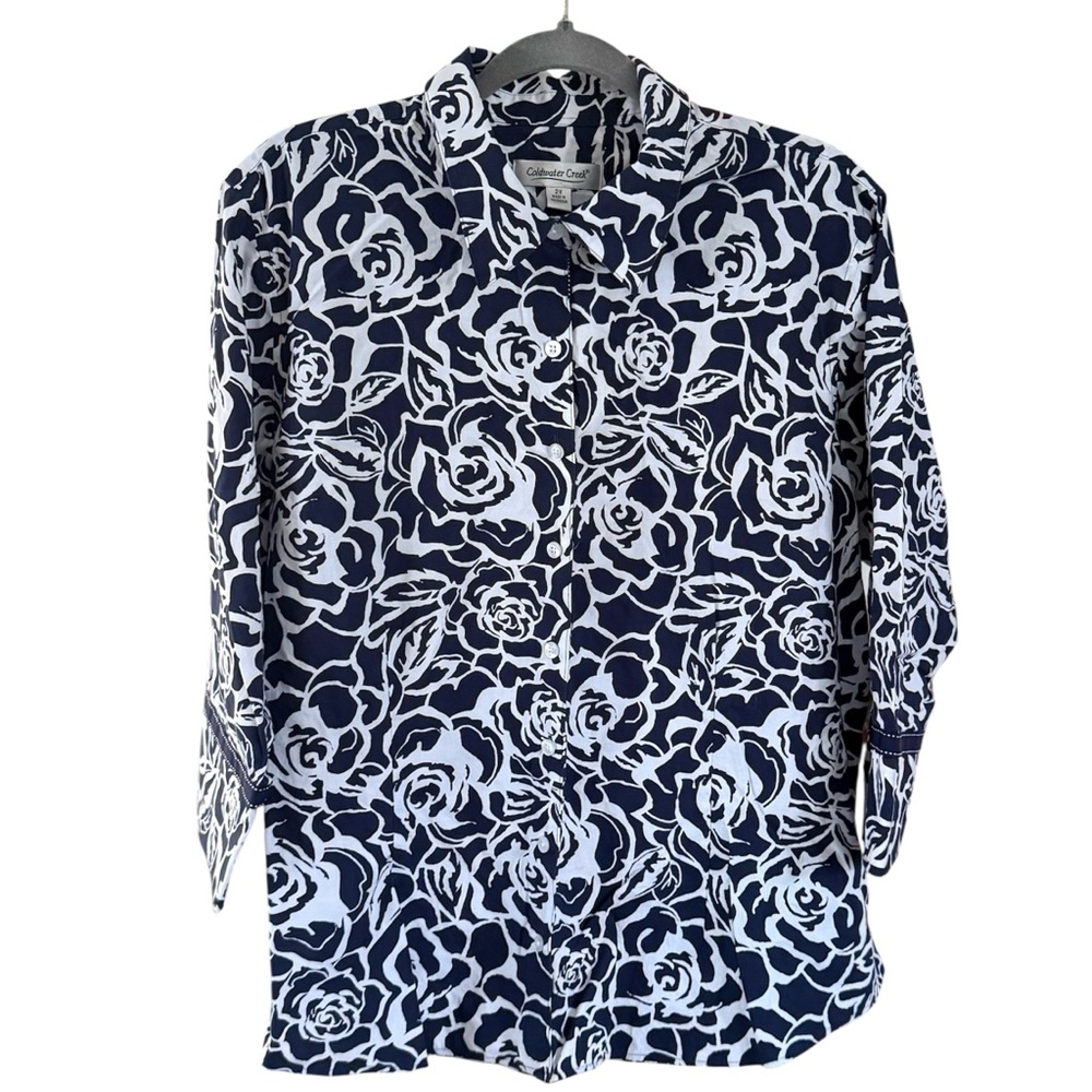 COLDWATER CREEK Navy White Floral Button-up Shirt Plus size 2X